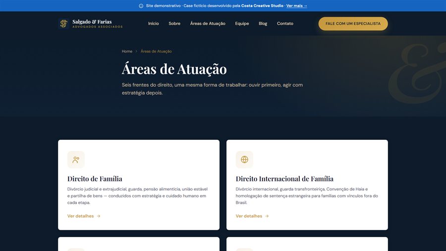 Página Áreas de atuação do site Salgado & Farias, case de portfólio da Costa Creative Studio