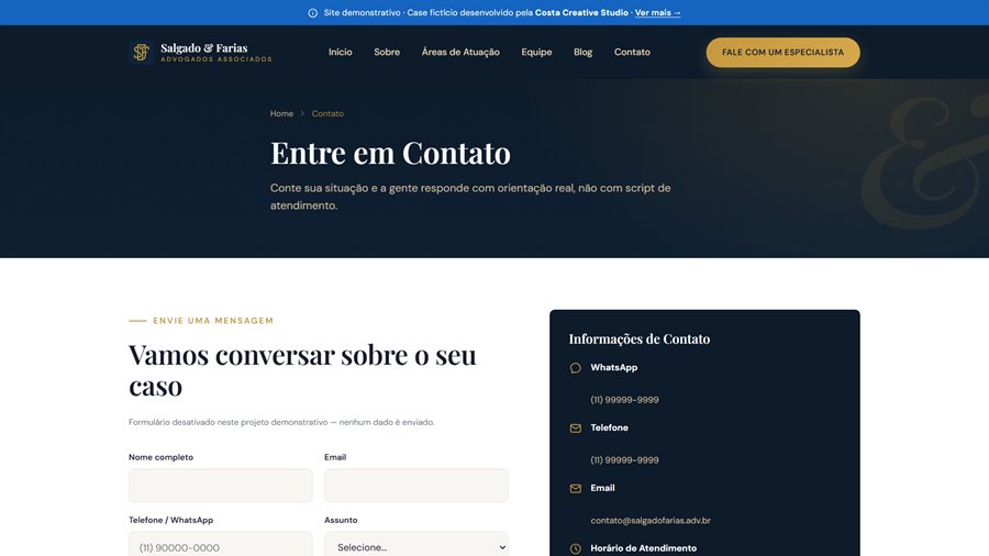 Página Contato do site Salgado & Farias, case de portfólio da Costa Creative Studio