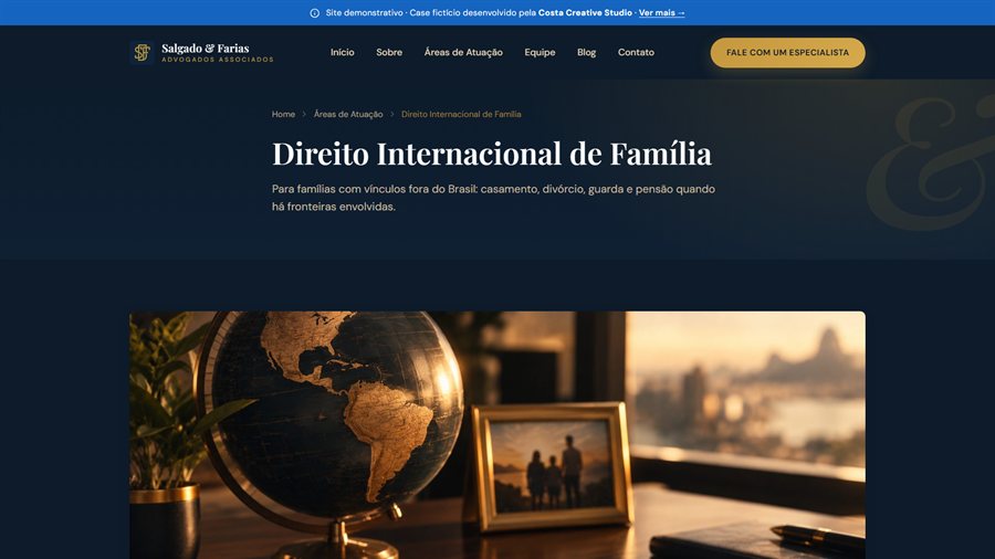 Página Direito Internacional de Família do site Salgado & Farias, case de portfólio da Costa Creative Studio