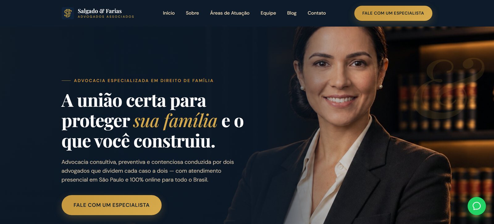 Hero da página inicial do site Salgado & Farias com a sócia Carla Salgado, case de portfólio da Costa Creative Studio