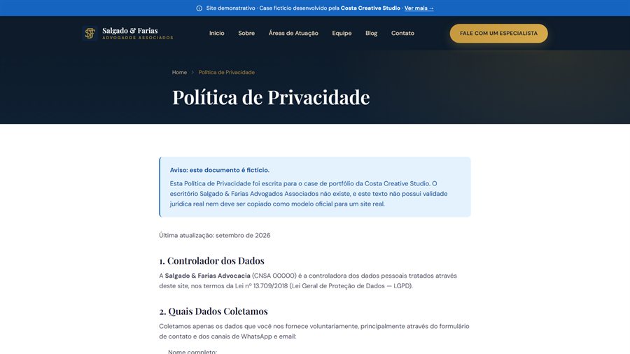 Página Política de Privacidade do site Salgado & Farias, case de portfólio da Costa Creative Studio