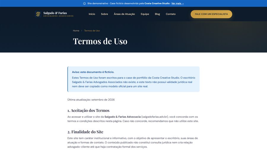 Página Termos de Uso do site Salgado & Farias, case de portfólio da Costa Creative Studio